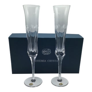 Pair of Very Tall Bohemia Crystal Art Glass Champagne Flutes With Original Box For Sale