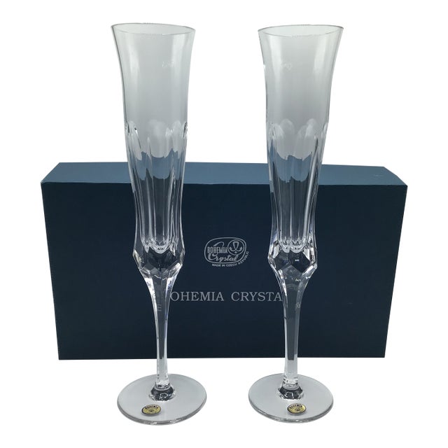 Pair of Very Tall Bohemia Crystal Art Glass Champagne Flutes With Original Box For Sale