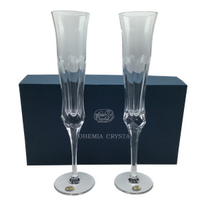 Pair of Very Tall Bohemia Crystal Art Glass Champagne Flutes With Original Box