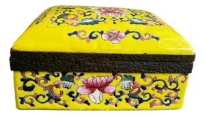 Chinoiserie Yellow Famille Rose Porcelain Lidded Box With Hand-Painted Florals and Metal Mount