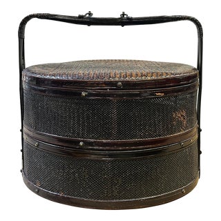 Large Vintage Oriental Handmade Brown Rattan Stack Basket With Handle For Sale
