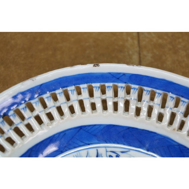 Antique Chinese Export Canton Blue White Reticulated Serving Plate & Basket For Sale - Image 16 of 17