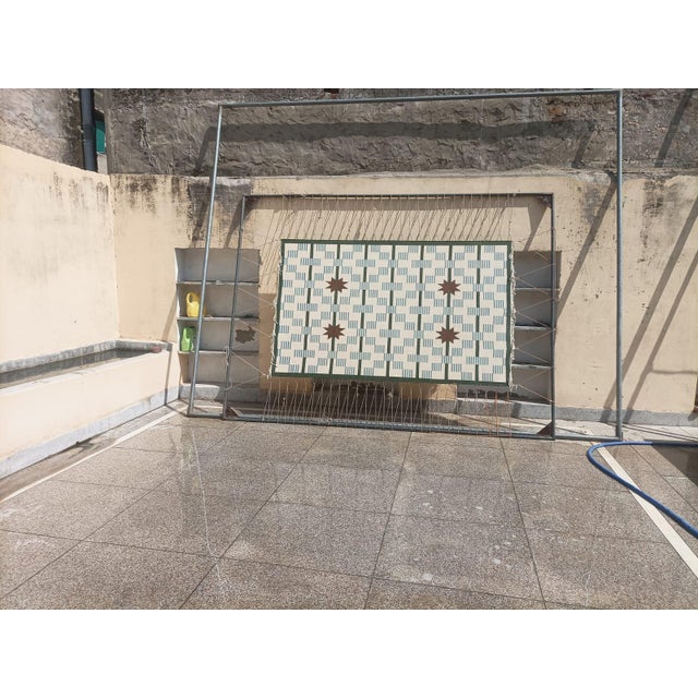 Handmade Cotton Vegetable Dyed Area Rug, Cream, Sky Blue, Sage Green Star Dash Dhurrie-9x12 For Sale - Image 9 of 12