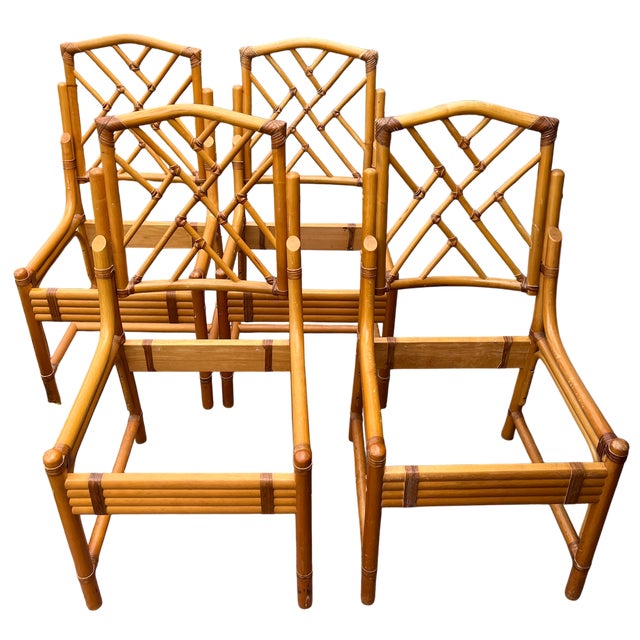 Billy Baldwin Vintage Set of 4 Chinese Chippendale Bamboo Dining Chairs With Lattice Backs For Sale - Image 4 of 16