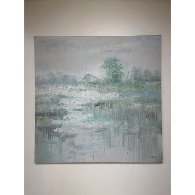 A soft and atmospheric original oil painting on canvas featuring a misty landscape rendered in delicate layers of pale...
