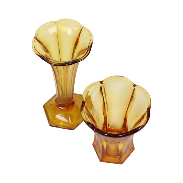 Glass Art Deco Luxval Series Américain Vases in Amber Glass from Val Saint Lambert, 1935, Set of 2 For Sale - Image 7 of 18