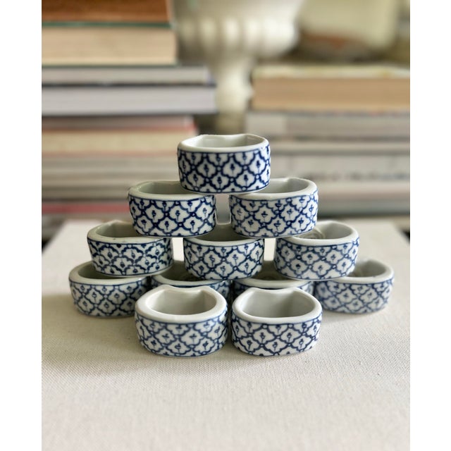 Chinoiserie Vintage Williams Sonoma Blue & White Porcelain Napkin Rings - Set of 12 For Sale - Image 3 of 12