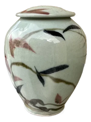 1980s Glenn Burris Northwest Studio Pottery Ginger Jar Lidded Vase Blue Lavender Stems Design