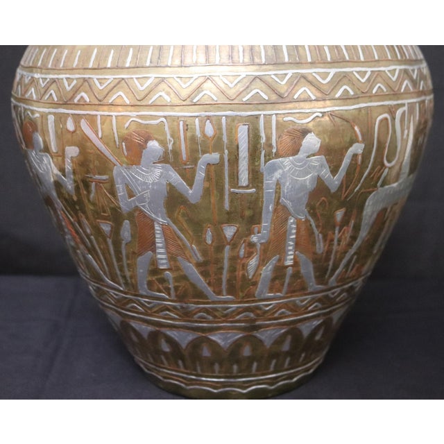 Mid 20th Century Large Vintage Egyptian Cairo Ware Brass Vase With Copper & Silver-Tone Inlay, Mid-Century, 11.75" H For Sale - Image 5 of 11