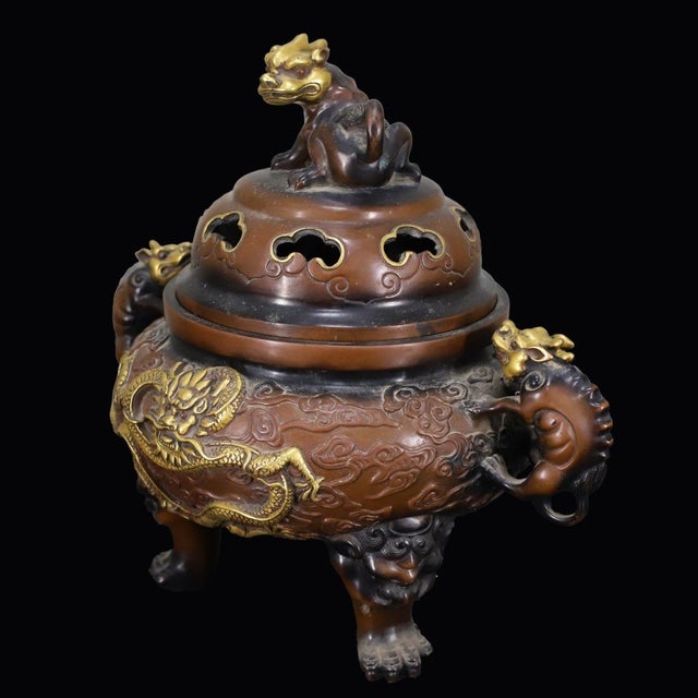 Bronze Large Vintage Gilt Bronze Tripod Censer With Dragon and Beast Motifs For Sale - Image 8 of 10