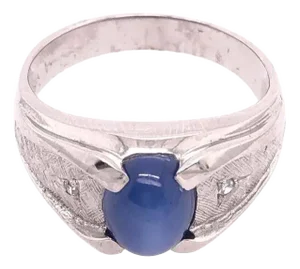 14 Karat White Gold Oval Sapphire Cabochon Ring With Diamond Accents