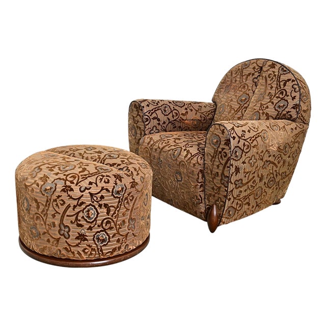 Early 20th Century French Art Deco Upholstered Armchair and Ottoman For Sale