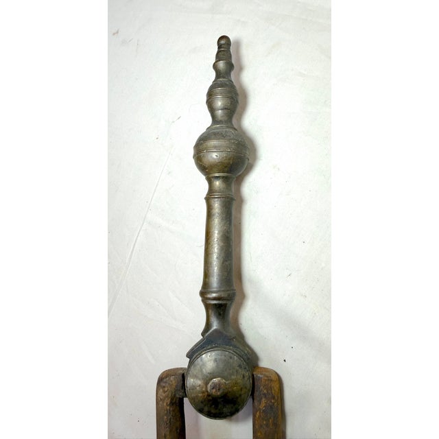 Antique 18th Century Wrought Iron Turned Brass English Fireplace Tongs Tool 23 For Sale - Image 4 of 11