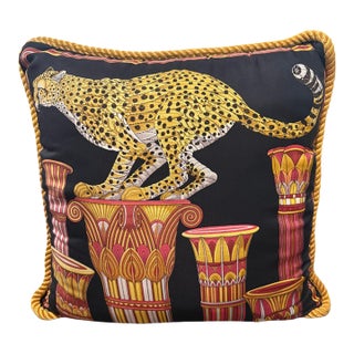 Vintage Salvatore Ferragamo Silk Leopard & Egyptian Motif Pillow For Sale