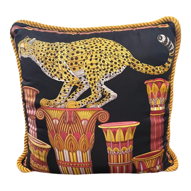 Vintage Salvatore Ferragamo Silk Leopard & Egyptian Motif Pillow For Sale