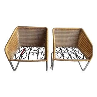 Harvey Probber Style Vintage Unmarked Chrome Tube Cantilever Wicker Lounge Arm Chairs For Sale
