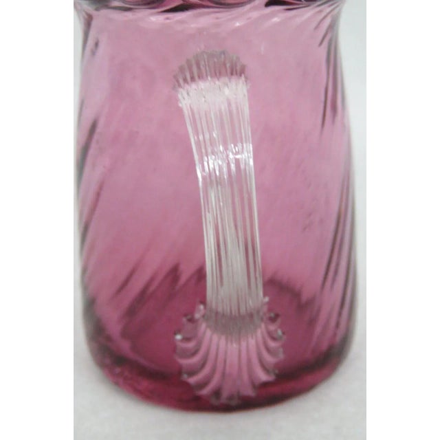 Pilgrim Glass Style Cranberry Pink Optic Swirl Ruffled Rim Pitcher Vase For Sale - Image 9 of 10