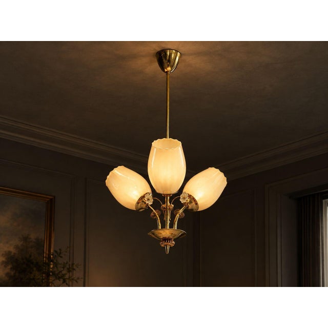 Paavo Tynell Style, Itsu, Finnish Mid-Century Modern, Snowflake Pendant Light or Chandelier, Polished Brass, Glass,...