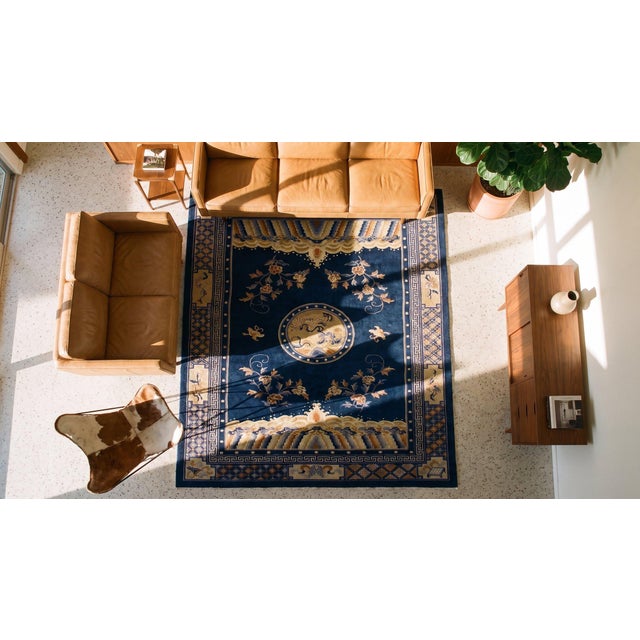 1920s Navy Blue Birds Medallion Antique Chinese Peking Carpet 6' 1'' X 9' Knotted Wool Rug For Sale - Image 14 of 15