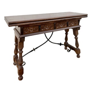 1940s Spanish Carved Wood Drop-Leaf Table With Iron Stretcher For Sale