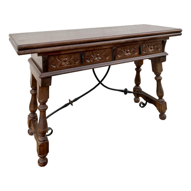 1940s Spanish Carved Wood Drop-Leaf Table With Iron Stretcher For Sale