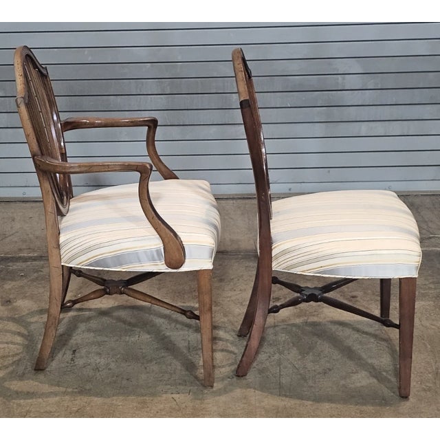 Mid 20th Century Set of 8 Mahogany Federal Style Shield Back Dining Chairs Silk Prussian Blue Fabric For Sale - Image 11 of 13