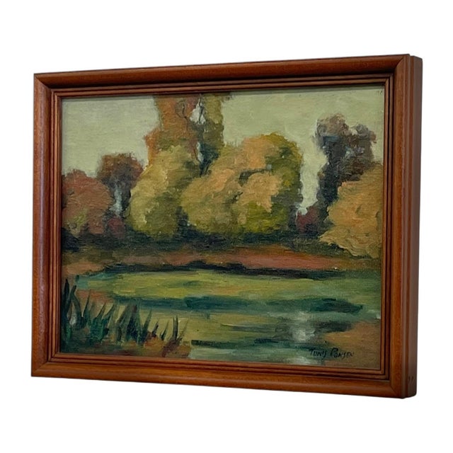 Traditional 1970s Signed Landscape Painting of Pond With Autumn Trees in Wood Frame. For Sale - Image 3 of 10