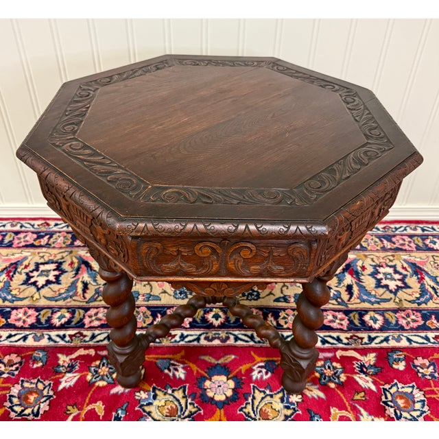 Antique French Octagonal Table Renaissance Revival Barley Twist Oak 24.5"t 19thC For Sale - Image 10 of 18