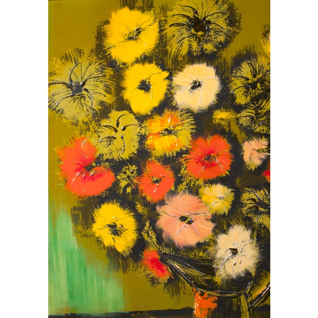 Mid 20th Century Midcentury Floral Still Life Mixed Media on Board Vase of Zinnias Framed Signed Janss For Sale - Image 5 of 11
