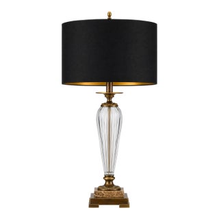 Late 20th Century Designer Fluted Crystal, Antiqued Brass & Stone Table Lamp With New Black & Gold Shade For Sale