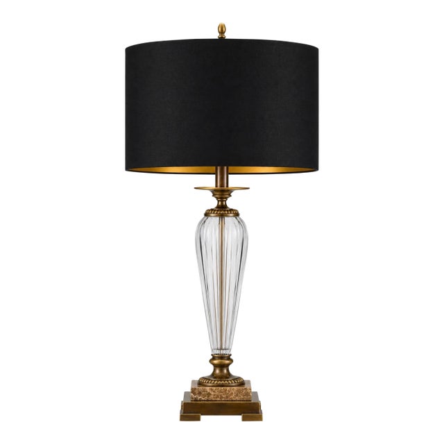 Late 20th Century Designer Fluted Crystal, Antiqued Brass & Stone Table Lamp With New Black & Gold Shade For Sale