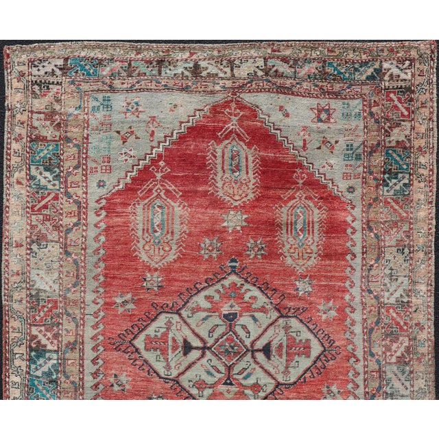 Tribal Antique Turkish Oushak Rug With Red, Soft Blue, Teal, and Cream Accents For Sale - Image 3 of 13