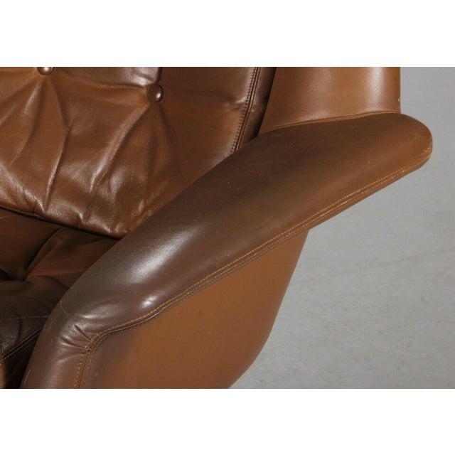 1970s Vintage Danish Cognac Leather Lounge Chair & Stool by H. W. Klein For Sale - Image 5 of 7