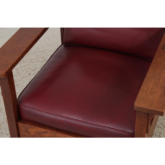 Burgundy Gustav Stickley Antique Mission Oak Burgundy Leather Reclining Morris Chair For Sale - Image 8 of 15