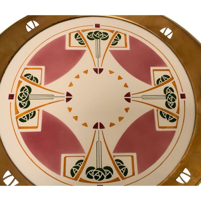 Antique German Jugendstil Wächtersbach Attributed Ceramic & Pierced Brass Tray C. 1905-1920 For Sale - Image 9 of 9