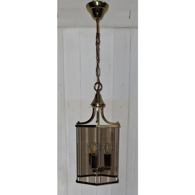 Vintage Ceiling Lamp with Brass Frame and Cut Crystal Glass Panes, 1980s, in Very Good conditions. Designed 1980 to 1989...