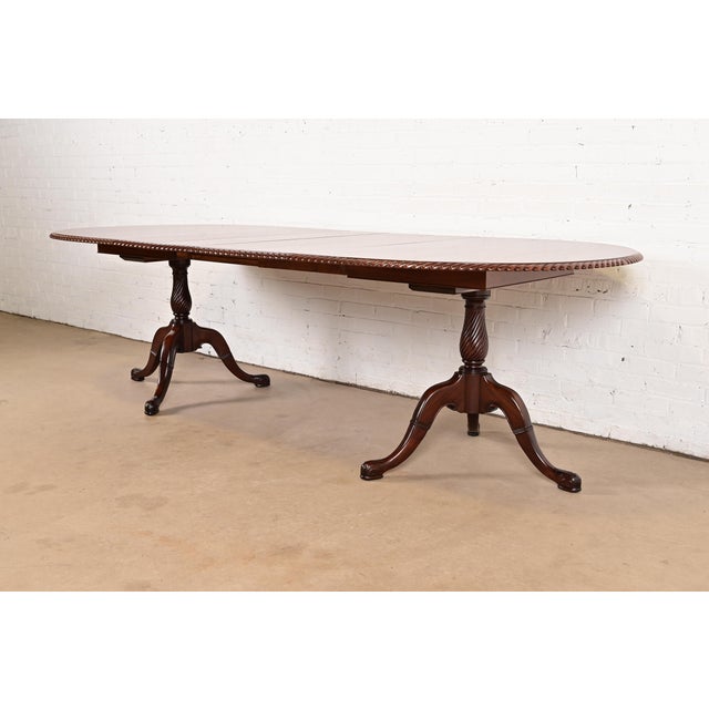Baker Furniture Company Baker Furniture Style Georgian Carved Walnut Double Pedestal Extension Dining Table, Newly Refinished For Sale - Image 4 of 14