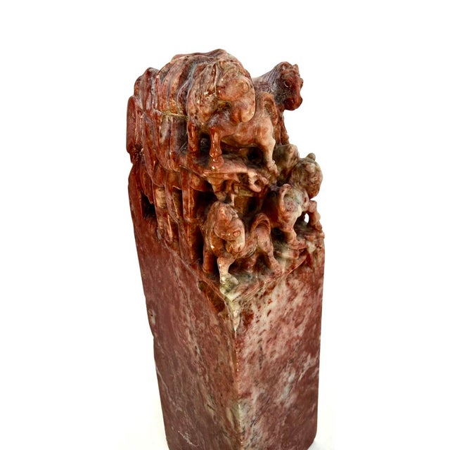 Large MidCentury Chinese Carved Oxblood Pair of Soapstone 8-Horse Seal Bookends For Sale - Image 9 of 12