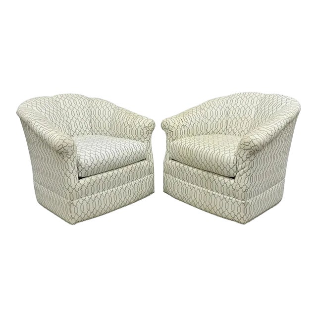 Sherrill Seafoam Green & Off White Swivel Rocker Barrel Back Club Chairs - Pair For Sale