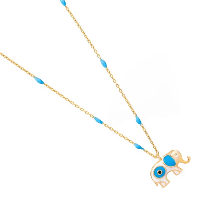 Metal Wishful Elephant & Evil Eye Turquoise Enamel Pendant Gold Chain Necklace For Sale - Image 7 of 9
