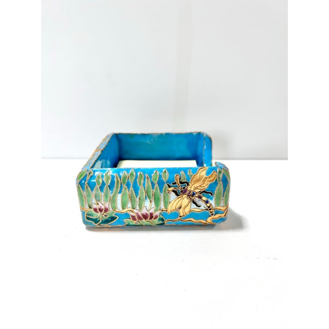 Chinoiserie Vintage Chinese Cloisonné Memo Holder With Dragonfly and Lotus Motif, Turquoise Enamel Desk Accessory For Sale - Image 3 of 10