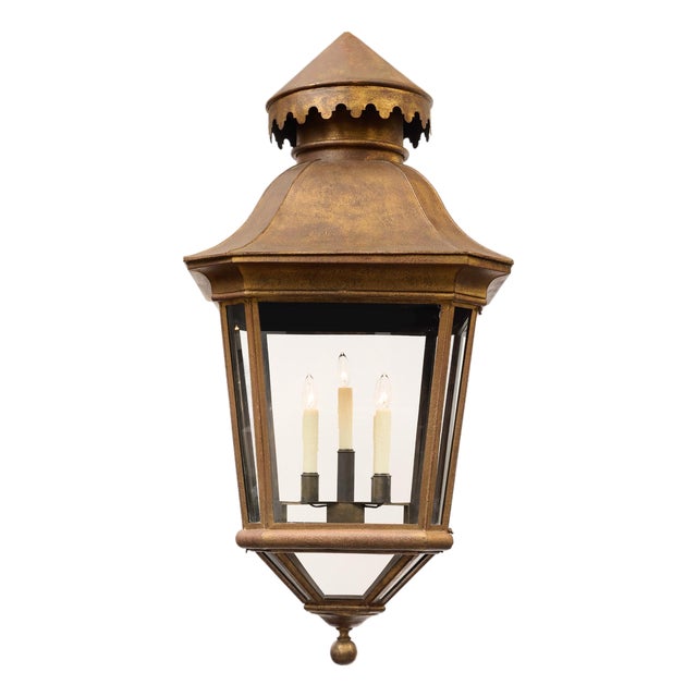Grande French Antique Brass and Glass Lantern, Circa 1920 For Sale