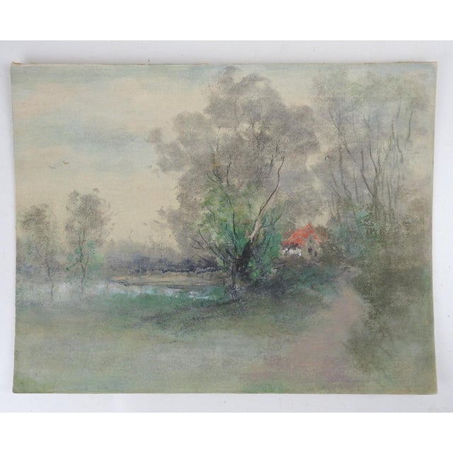 Late 19th century impressionist pastel and watercolor on artist board landscape painting with cottage attributed to George...