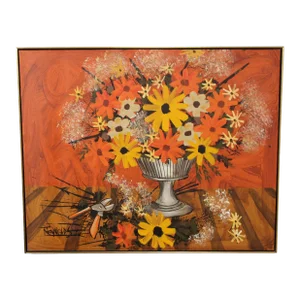 Lee Reynolds Mid Century Large Framed Modern Oil Painting, Flower Vase