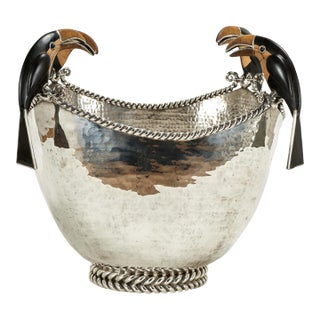 Mid Century Silver Plate Bowl or Wine Cooler With Toucans by Emilia Castillo For Sale