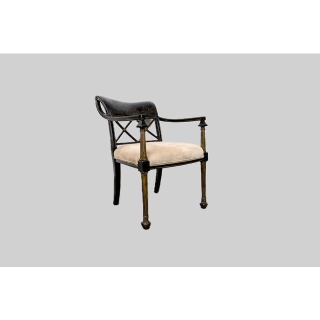 Late 20th Century Pair of Regency-Style Chinoiserie Ebonized Armchairs With Hand-Painted Scenic Decoration, Upholstered in Kravet Versailles Velvet For Sale In Los Angeles - Image 6 of 11