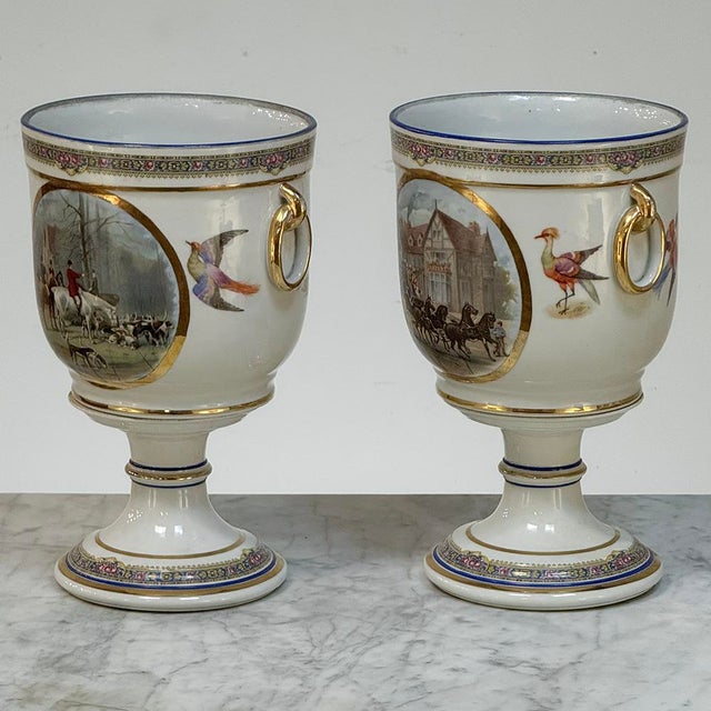 Pair Antique Belgian Pêtre À Baudour Neoclassical Porcelain Hunt Scene Urns For Sale - Image 4 of 18