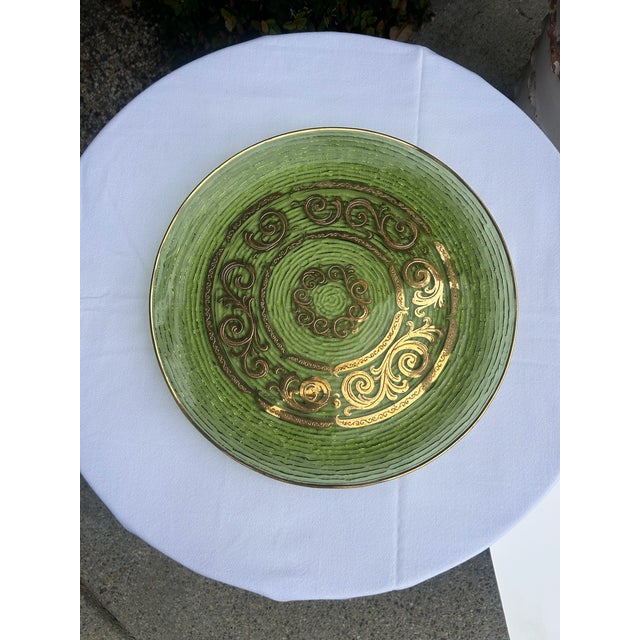 Vintage Mid-Century Green Glass Platter With Gold Scrollwork For Sale In Los Angeles - Image 6 of 10