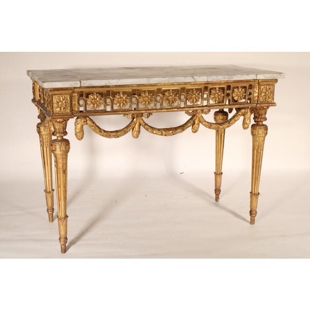 French Antique Continental Louis XVI Style Gilt Wood Marble Top Console Table For Sale - Image 3 of 14