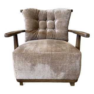 Leona Velvet Lounge Chair With Tufted Back, Curved Wood Arms For Sale